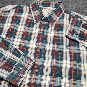 LL Bean Mens Long Sleeve Button Down Plaid Oxford Shirt Green Maroon Large